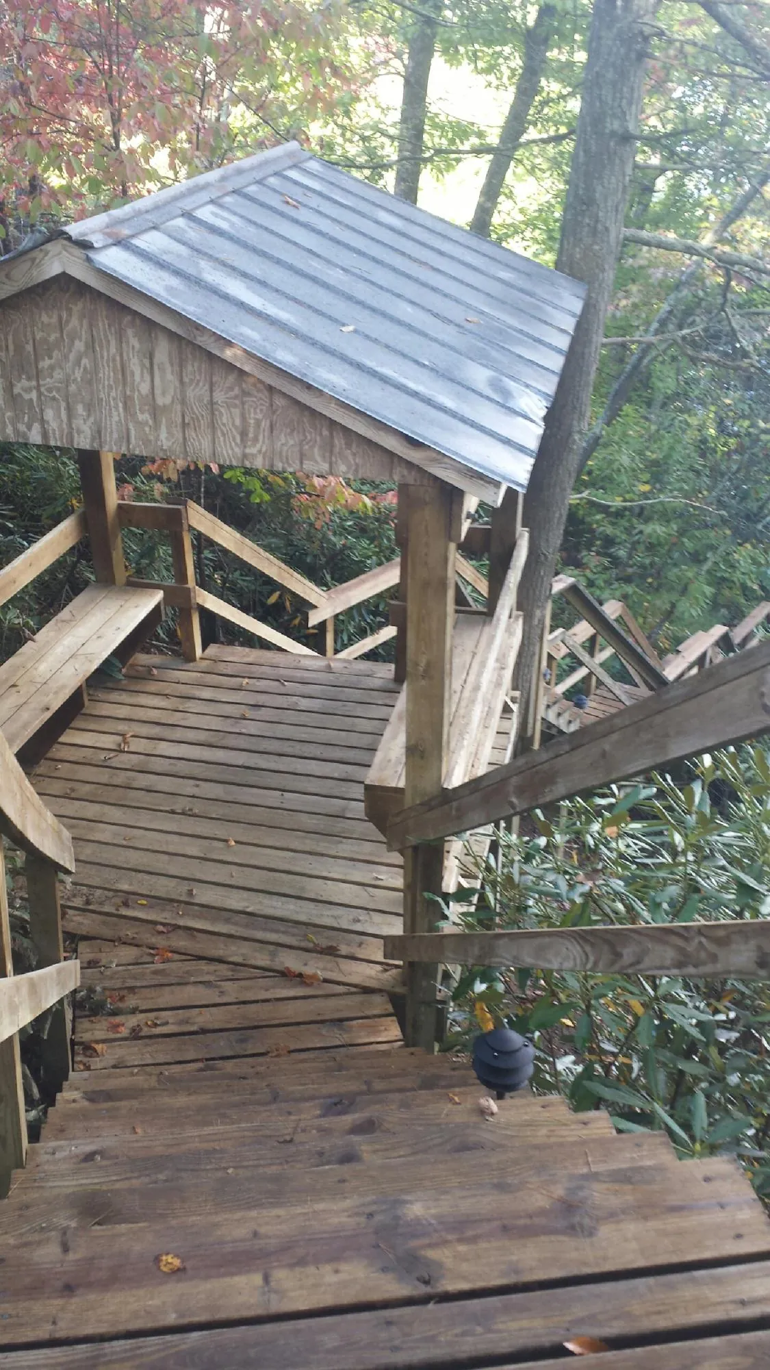 Metal roofed shelter over wooden steps on a wooded walkway — Skylight Repair & Installation work by our crew in Palisades